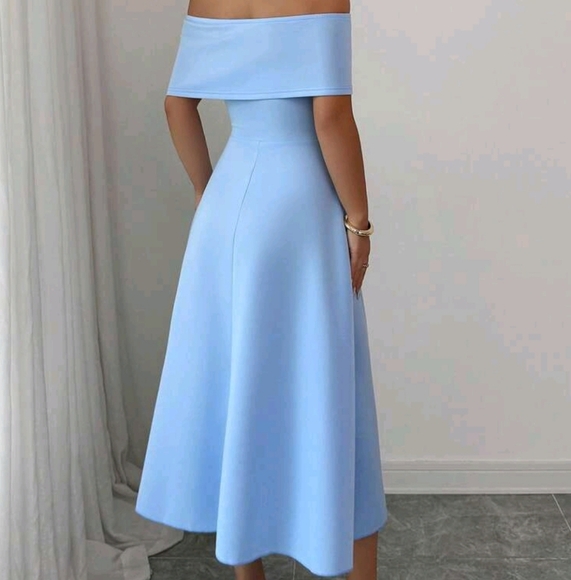 Fashionable Off-Shoulder Short Sleeve Crystal Decorated Flared Midi Dress - Picture 2 of 4